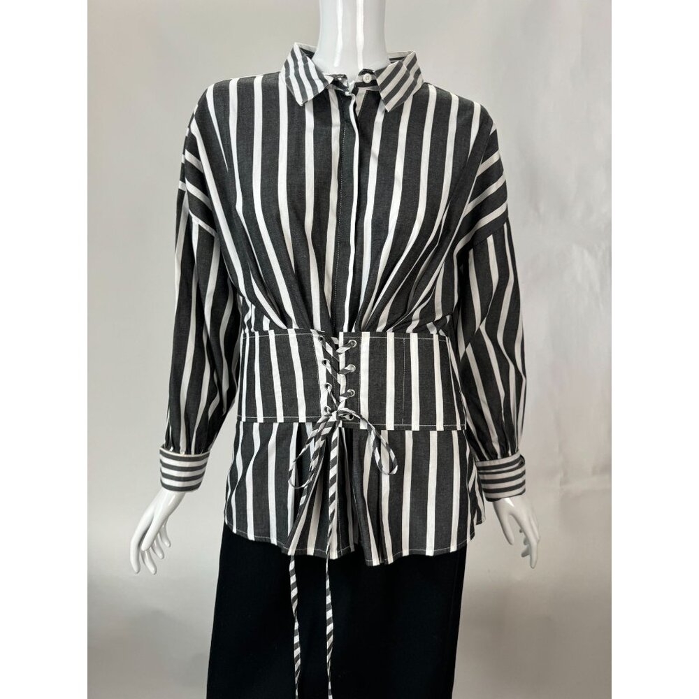 Striped Button-Up Shirt With Corset Detail By Free Generation - Large